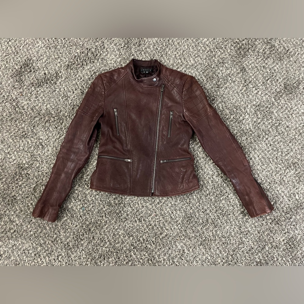 Theory red leather quilted biker jacket small